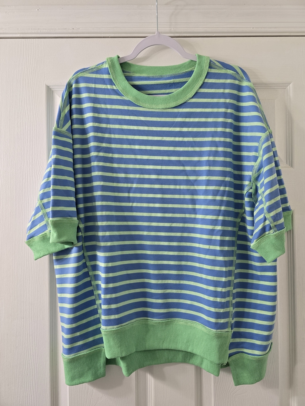 Viral Tiktop Shop Blue and Light Green Striped Knit Short Sleeve Top - Large